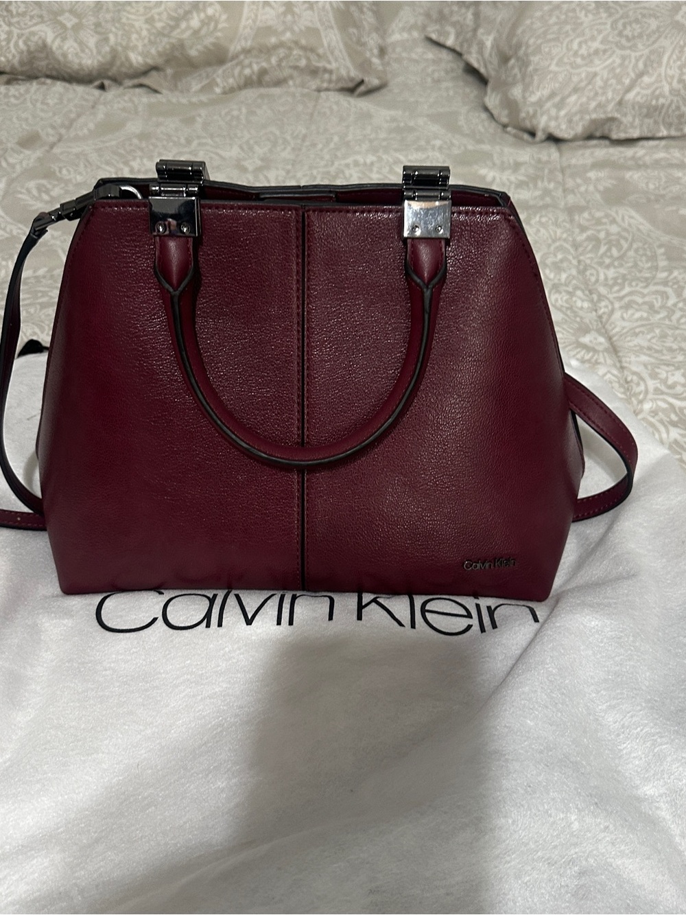 Calvin Klein Wine Red Leather Satchel with Top Handles